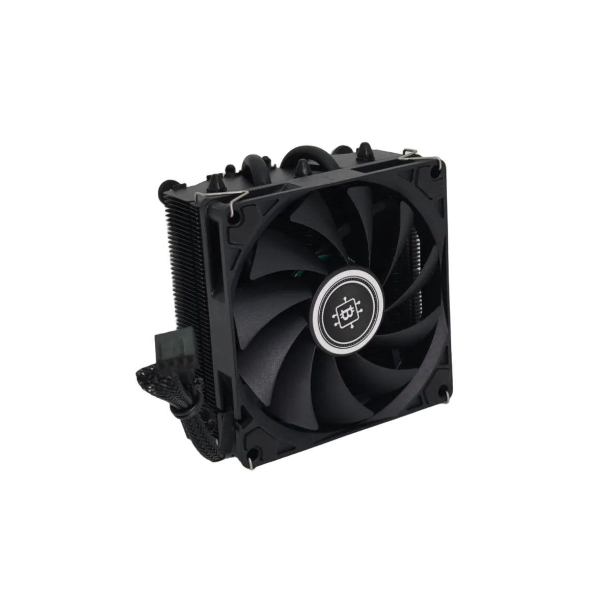 A black CPU heat sink with a dual fan design, featuring a central circular logo badge and a ribbed aluminum heatsink block, photographed on a neutral light gray background.