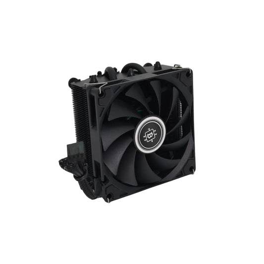 A black CPU heat sink with a dual fan design, featuring a central circular logo badge and a ribbed aluminum heatsink block, photographed on a neutral light gray background.