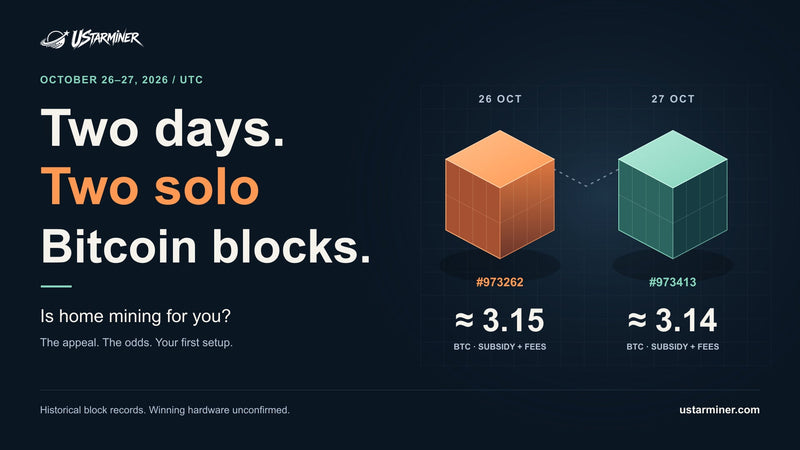 Two solo Bitcoin block records from October 26–27, 2026 UTC, with approximately 3.15 and 3.14 BTC in subsidy plus fees. Winning hardware is unconfirmed.
