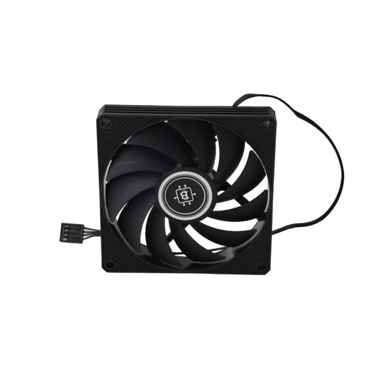 A black computer CPU cooler fan with a 4-pin power connector and a black power cord, shown on a light gray background.