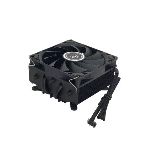 A black CPU air cooler with a dual fan design, a ribbed aluminum heatsink, and a power cable, shown on a light gray background.