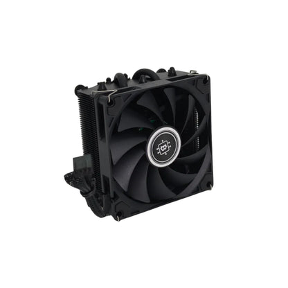 A black CPU heat sink with a dual fan design, featuring a central circular logo badge and a ribbed aluminum heatsink block, photographed on a neutral light gray background.