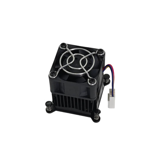 A small black cooling fan with a metal heat sink, four mounting screws, and a red, white, and blue wire connector, photographed on a light gray background.