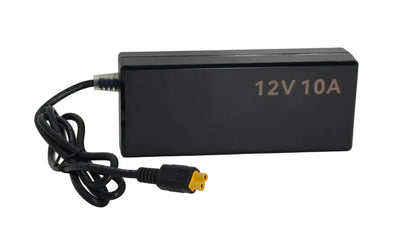 A black rectangular 12V 10A power adapter with a coiled black cable and a yellow connector plug, shown on a light gray background.
