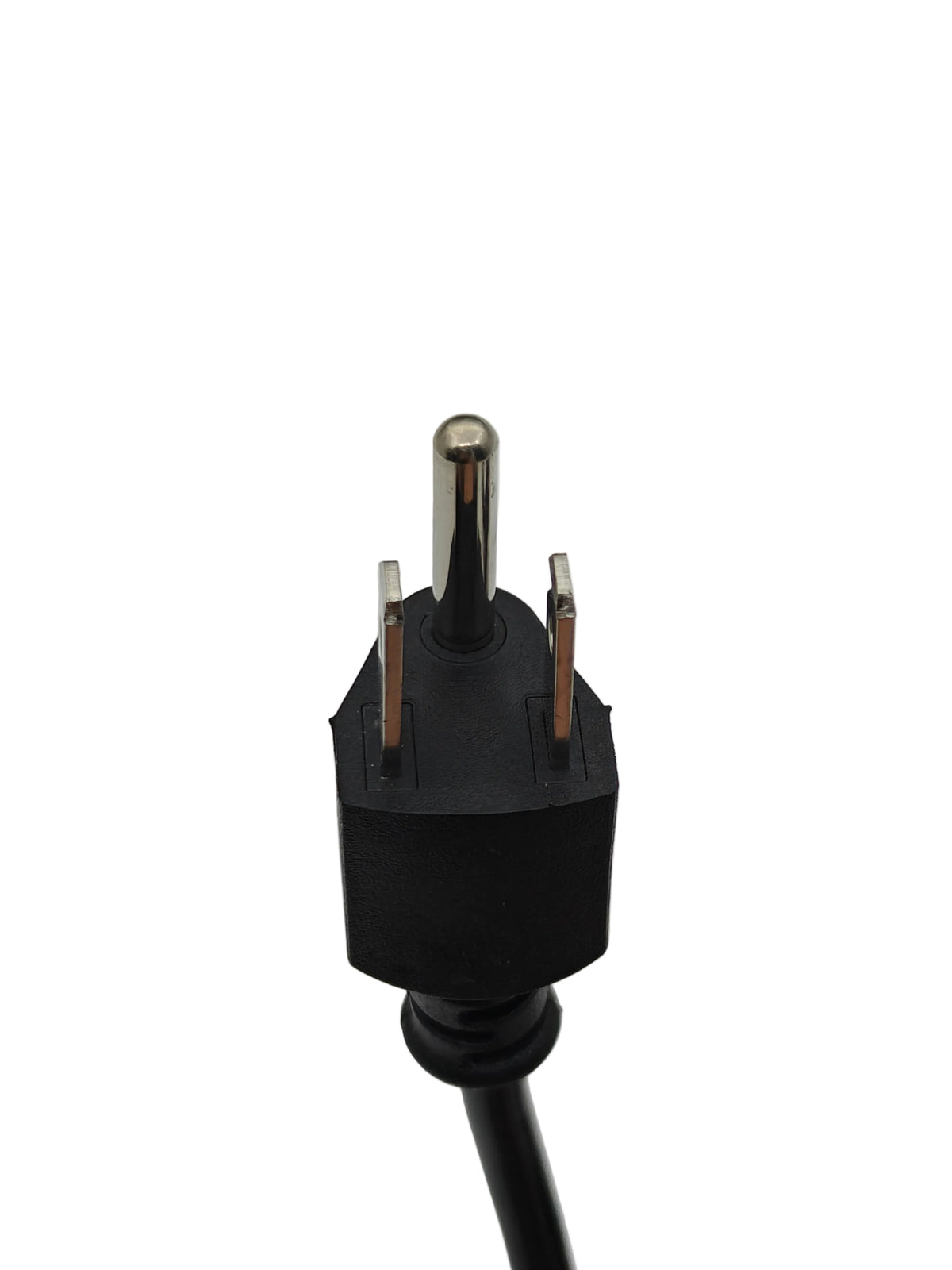 A close-up of a black electrical power plug with two flat pins and a round metal grounding pin, attached to a black cable against a light gray background.