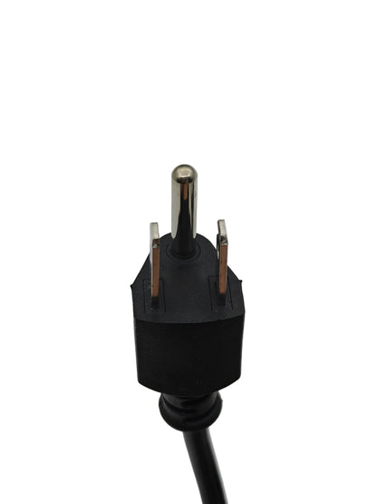 A close-up of a black electrical power plug with two flat pins and a round metal grounding pin, attached to a black cable against a light gray background.
