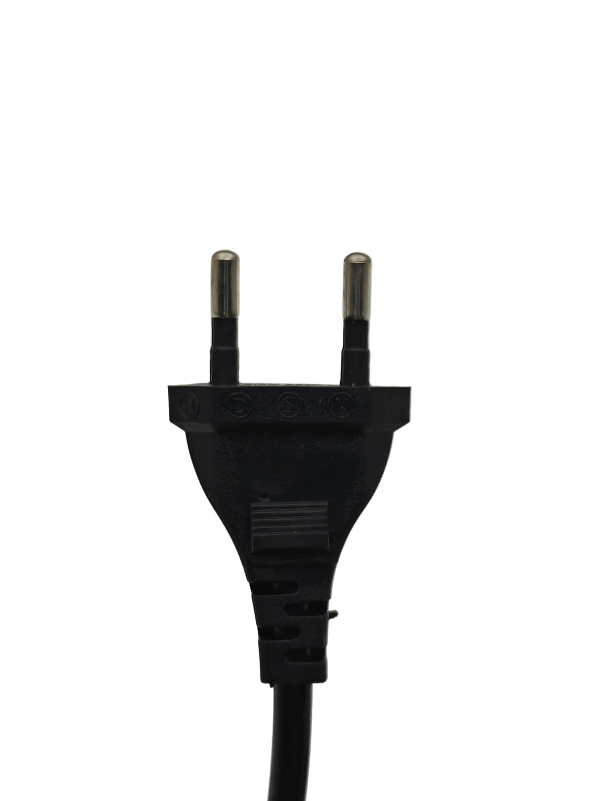 A black two-pin electrical power plug with a black cable, shown against a plain light gray background.