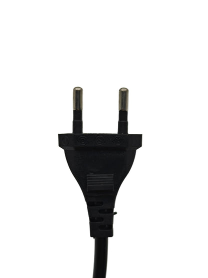 A black two-pin electrical power plug with a black cable, shown against a plain light gray background.