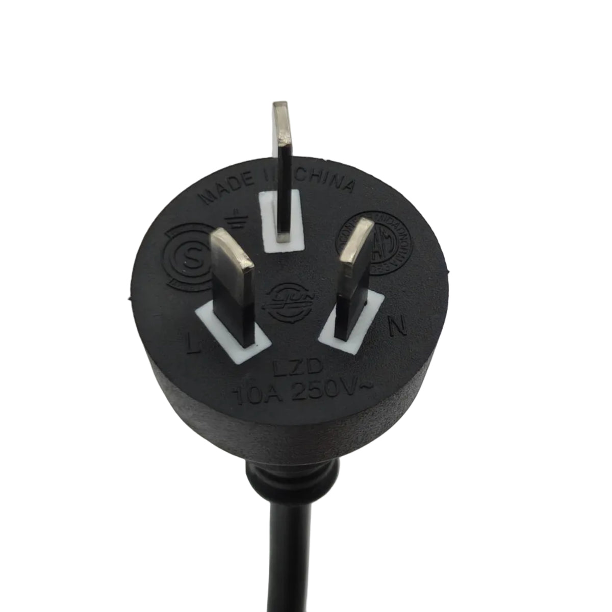 A black three-prong electrical power plug with a black cord, photographed against a light gray background.