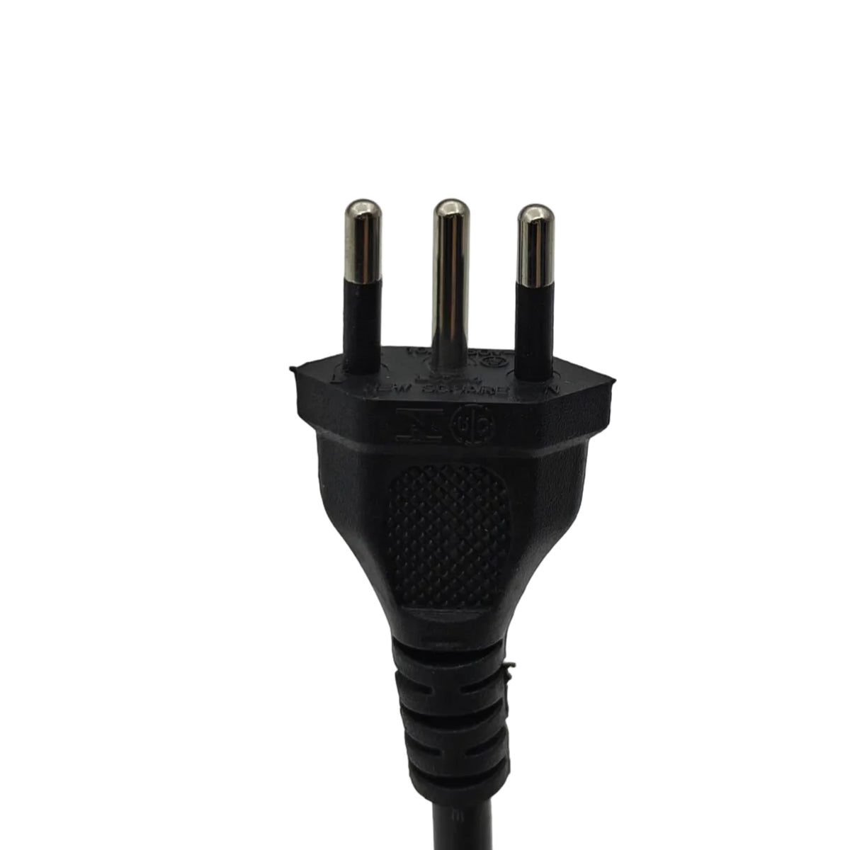 A close-up of a black three-pin electrical plug with silver metal pins, shown against a neutral light gray background.