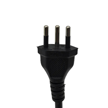 A close-up of a black three-pin electrical plug with silver metal pins, shown against a neutral light gray background.