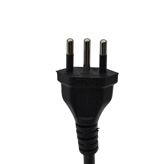 A close-up of a black three-pin electrical plug with silver metal pins, shown against a neutral light gray background.