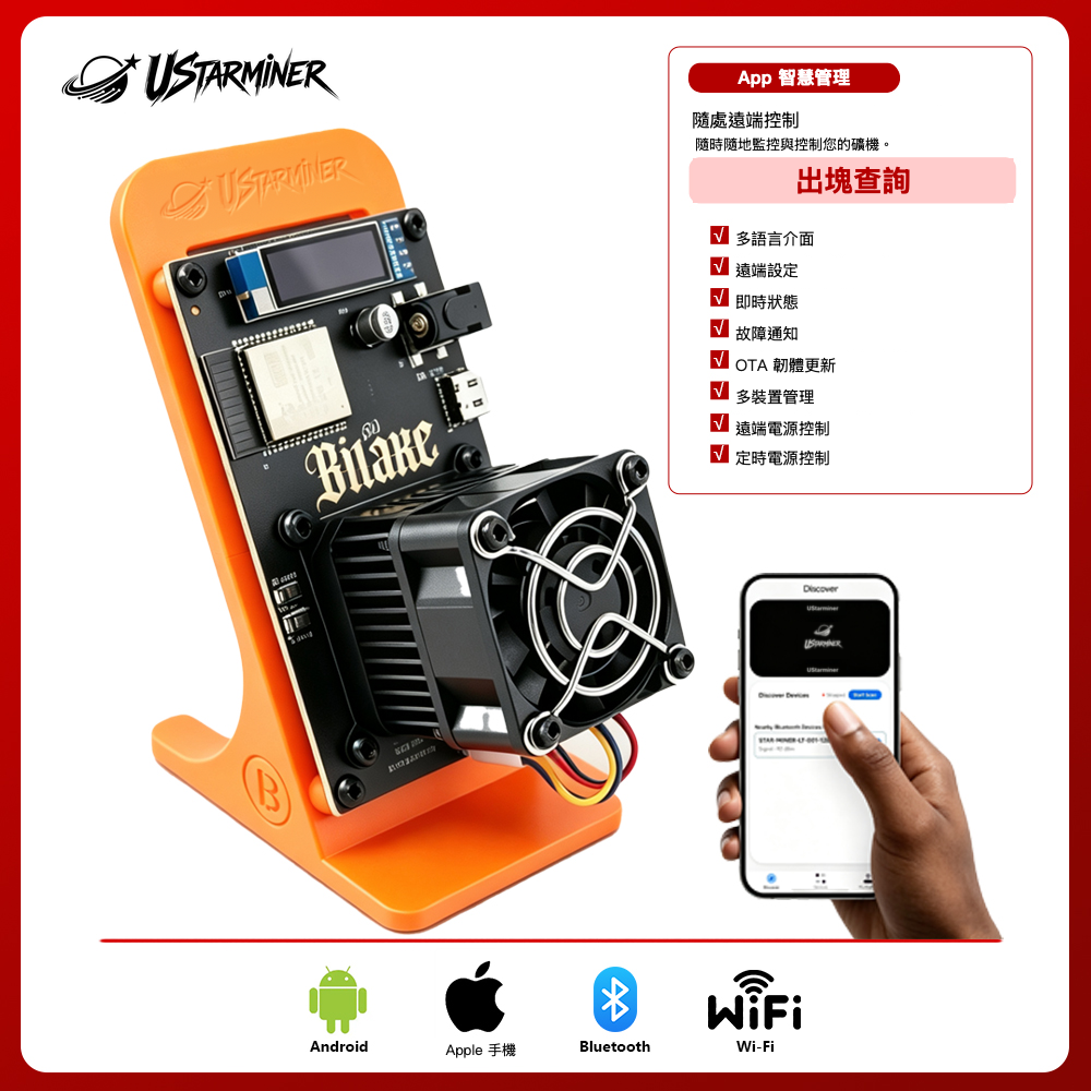 
UStarminer Bitaxe Gamma 601 1.2T 比特幣礦機：產品與操作說明；真實軟體畫面及裝置標示依原圖保留。
