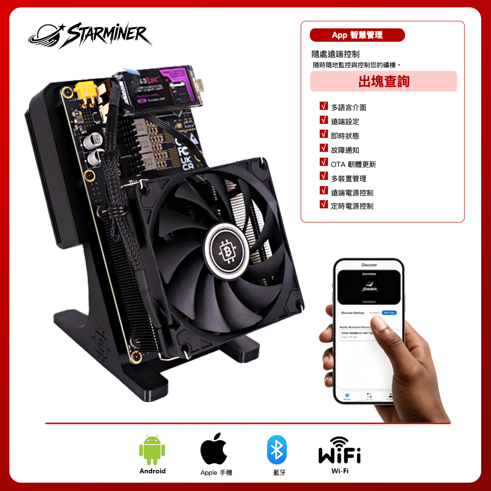 
Starminer 礦機與 App 功能概覽；保留真實軟體畫面。 顏色：黑色。
