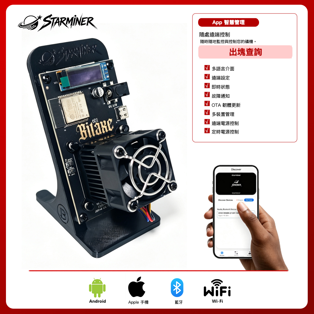 
Starminer 礦機與 App 功能概覽；保留真實軟體畫面。 顏色：黑色。
