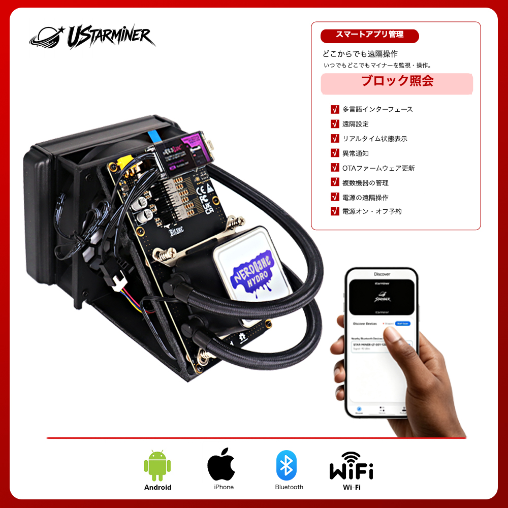 
Ustarminer NerdQaxe++ Rev6.1 6T Hydro ビットコインマイナー：製品画像。
