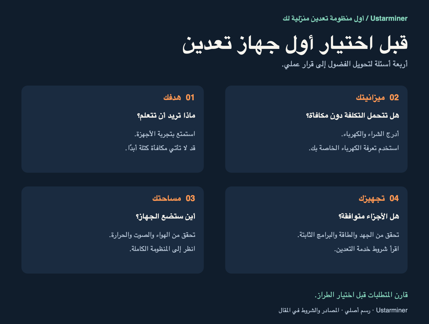 أربعة أسئلة قبل اختيار أول جهاز تعدين منزلي: أهداف التعلّم، والميزانية دون مكافآت، والمساحة المناسبة، وتوافق الطاقة والبرامج الثابتة.